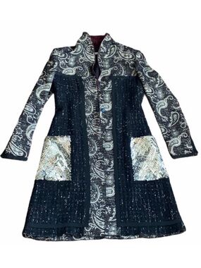 Pollini Black Paisley Jacquard Coat with sequined pockets contrasting lapels